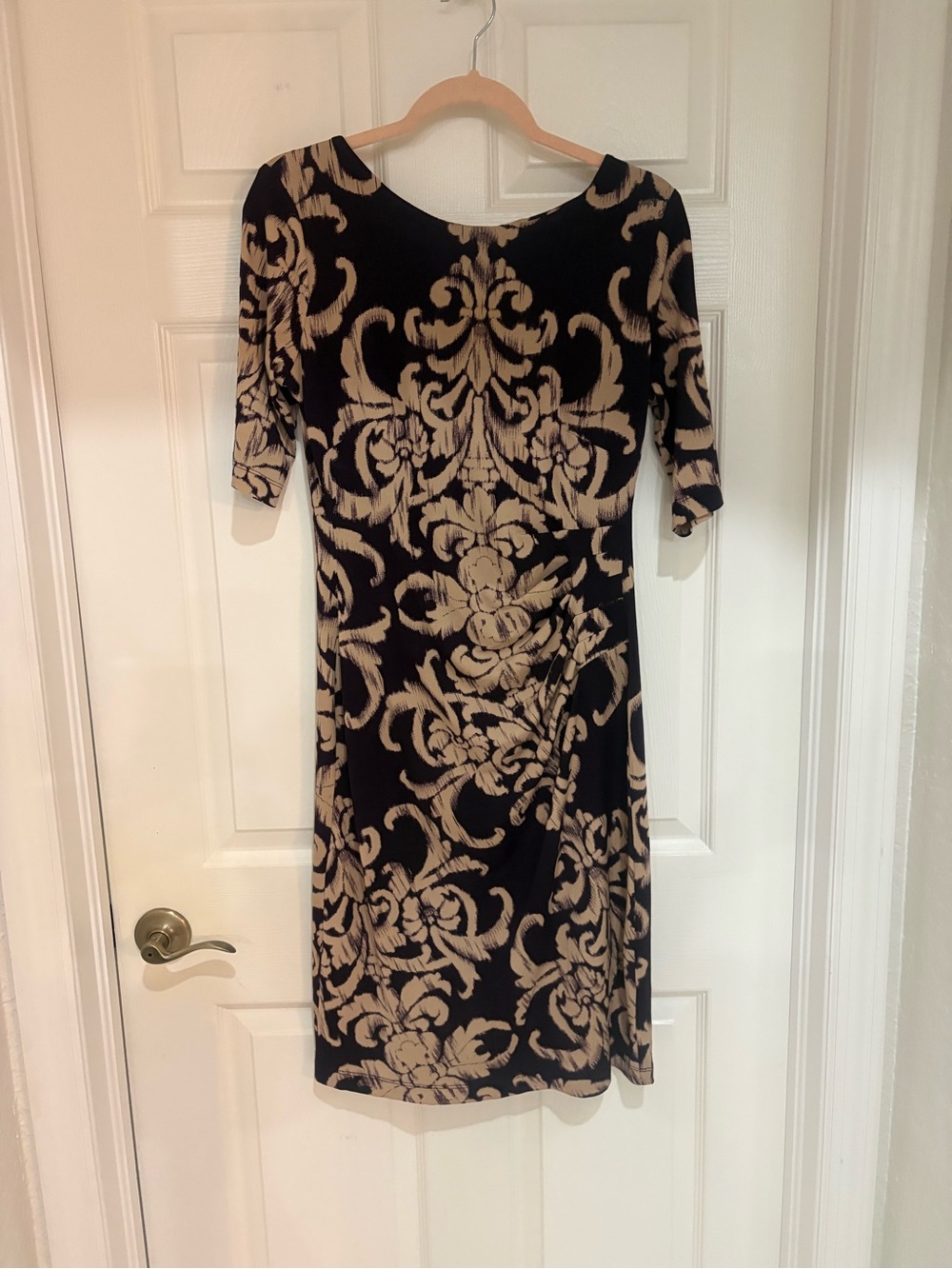 Connected Apparel Size 8 Deep Plum and Taupe Ruched Sheath Dress